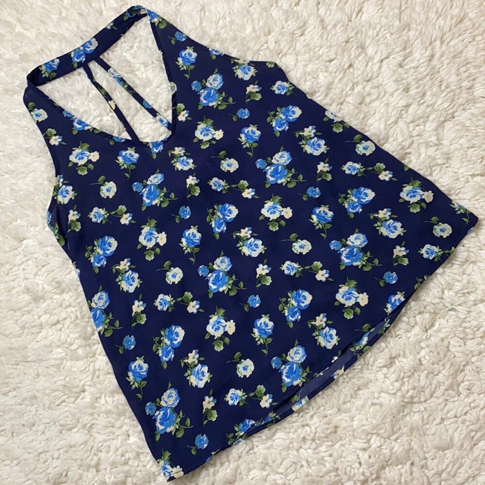 Blue Floral Halter Top Sheer Tank D19